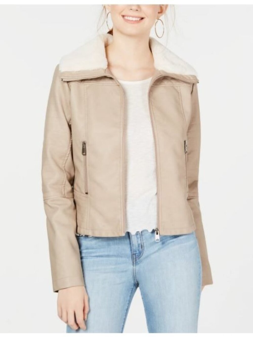 Coffee Shop New York Women's Faux Fur Collar Moto Jacket Beige Size Medium 903